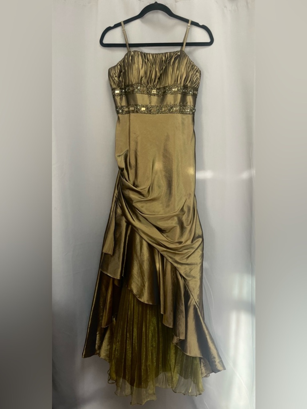 Vintage Y2K Evening Dress Gold/Olive Green High-Low with Embellished Waist